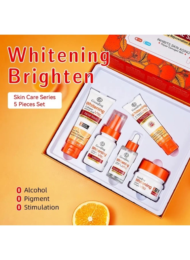 GUANJING Vitamin C Skin Care Set, Whitening Vitamin C Skincare Set with Collagen & Nicotinamide, Vitamin C lotion, Facial Wash, Facial Serum, Sunscreen Lotion & Facial Cream Skin Care Series Set - Image 4